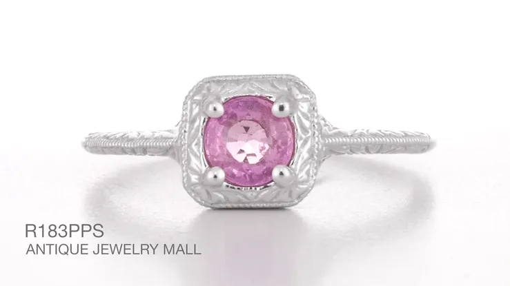 Filigree Scrolls Engraved Platinum Pink Sapphire Art Deco Engagement Ring