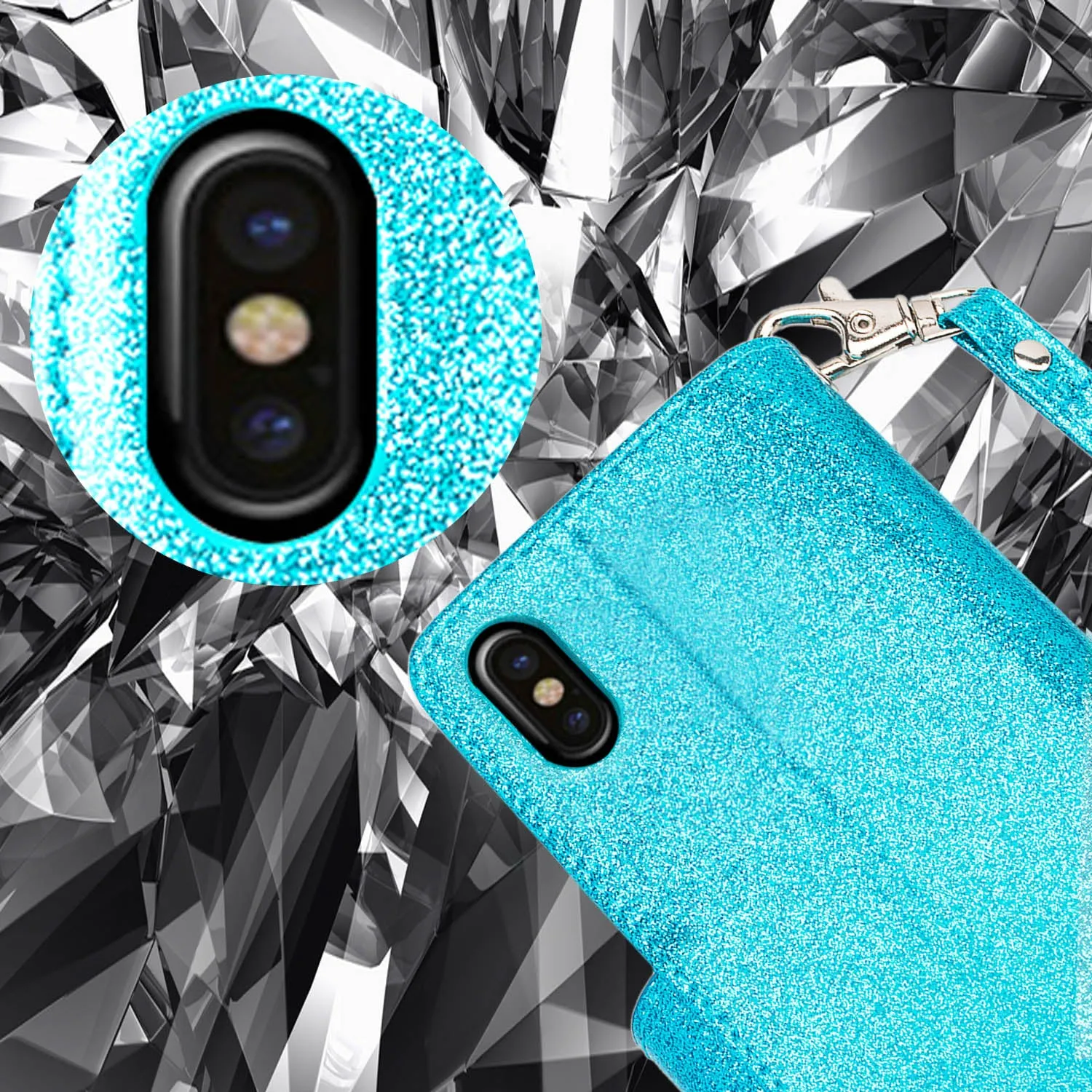 For Apple iPhone X | iPhone 10, Ten, [Wrist Strap] Glitter Faux Leather Flip [Kickstand Feature] Protective Wallet Case Clutch - Teal
