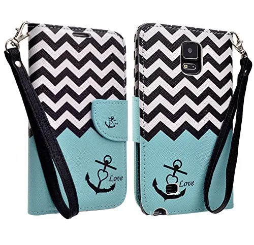 Galaxy Note 4 Case, Wrist Strap Magnetic Flip Fold[Kickstand] Pu Leather Wallet Case with ID & Credit Card Slots for Samsung Galaxy Note 4 - Teal Anchor