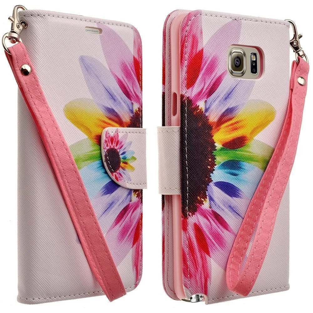 Galaxy Note 5 Case, Wrist Strap Magnetic Fold[Kickstand] Pu Leather Wallet Case with ID & Credit Card Slots for Samsung Galaxy Note 5 - Vivid Sunflower