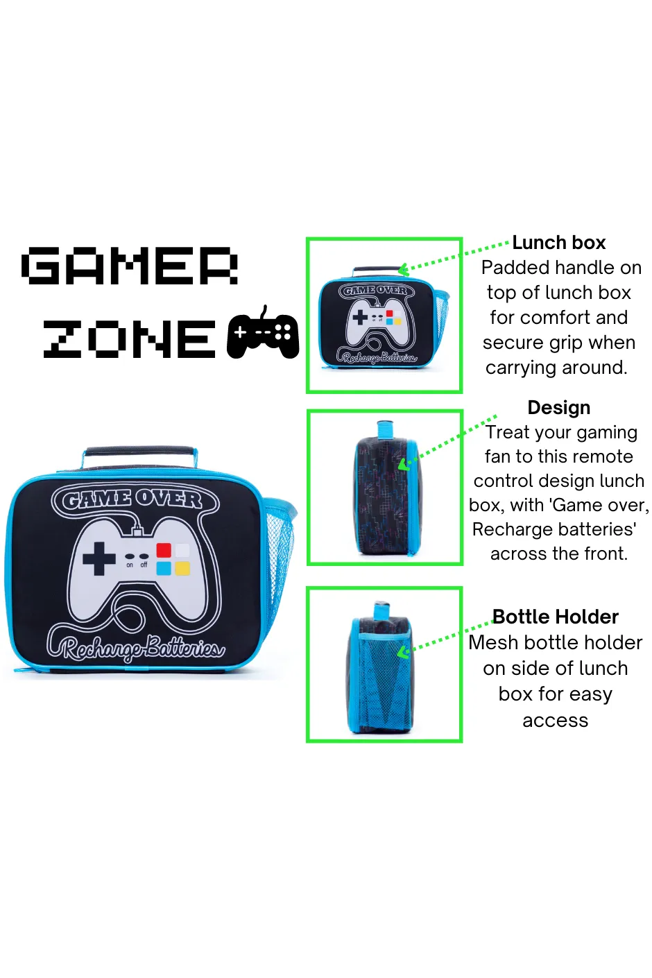 Game Over Recharge Batteries Lunchbox Bag, Kids Boys Gamer School Bag