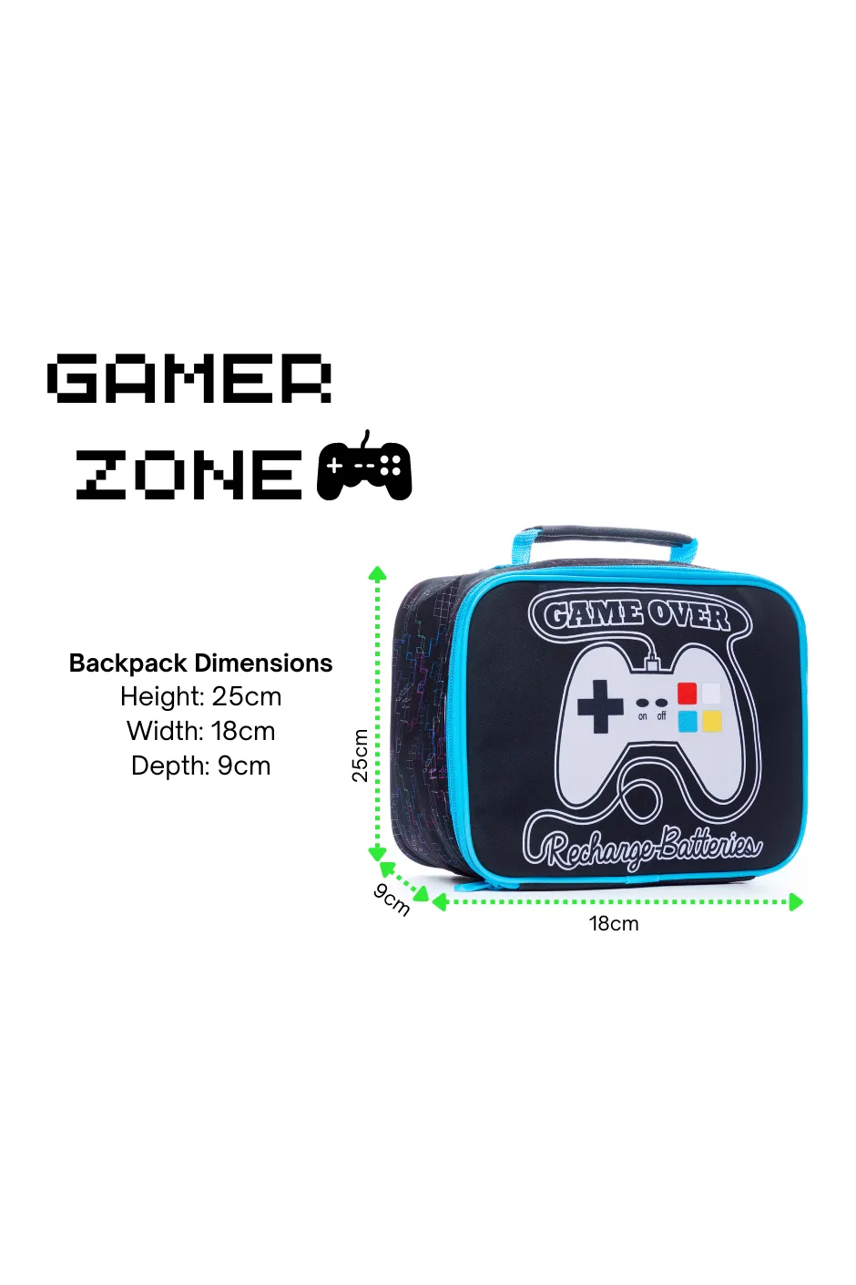 Game Over Recharge Batteries Lunchbox Bag, Kids Boys Gamer School Bag