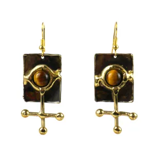 Gold Tiger Eye Ball and Jack Brass Earrings Brass Images