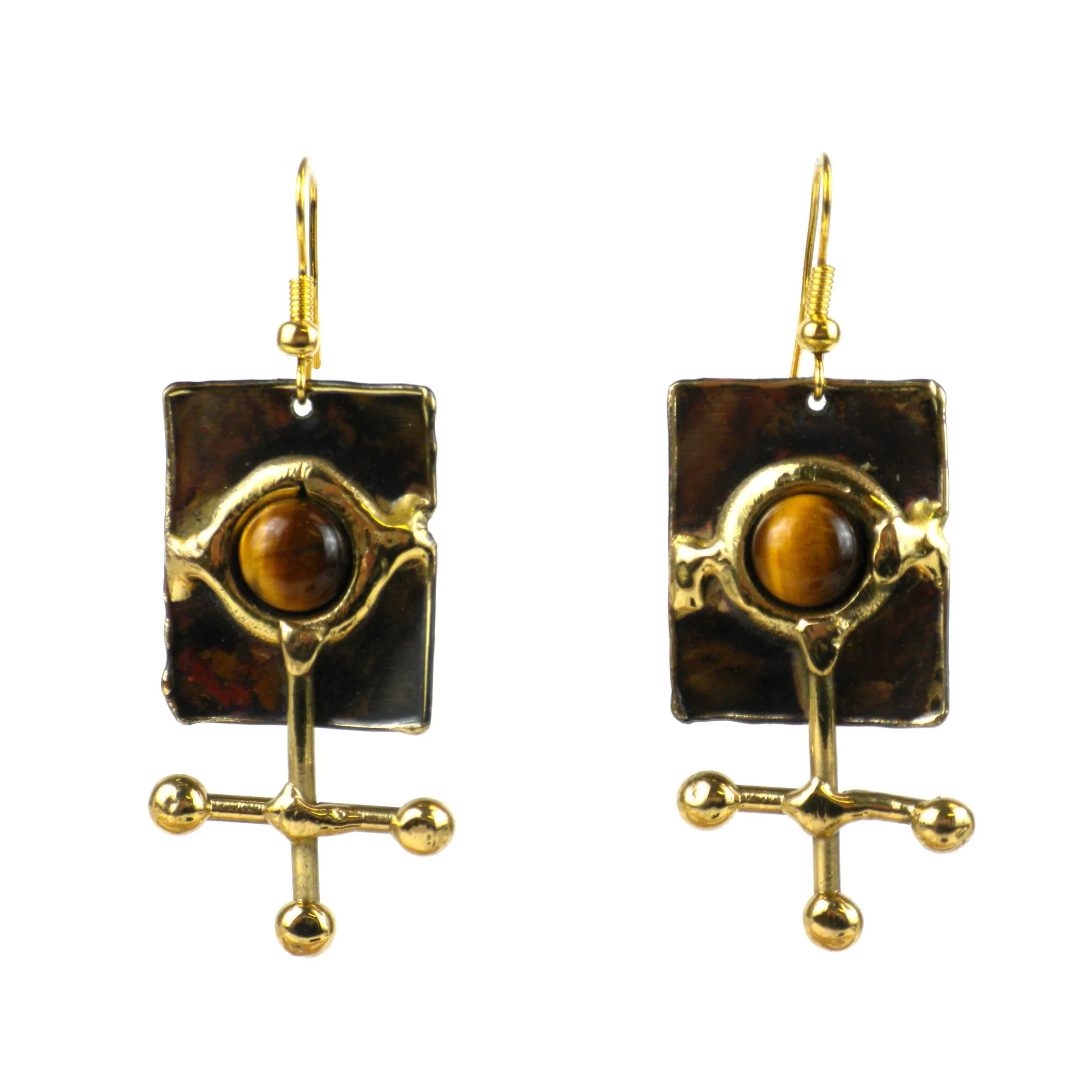 Gold Tiger Eye Ball and Jack Brass Earrings Brass Images