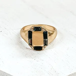 Gold Tone Rectangle Shaped Ring with Mix of Black Outline Crystals