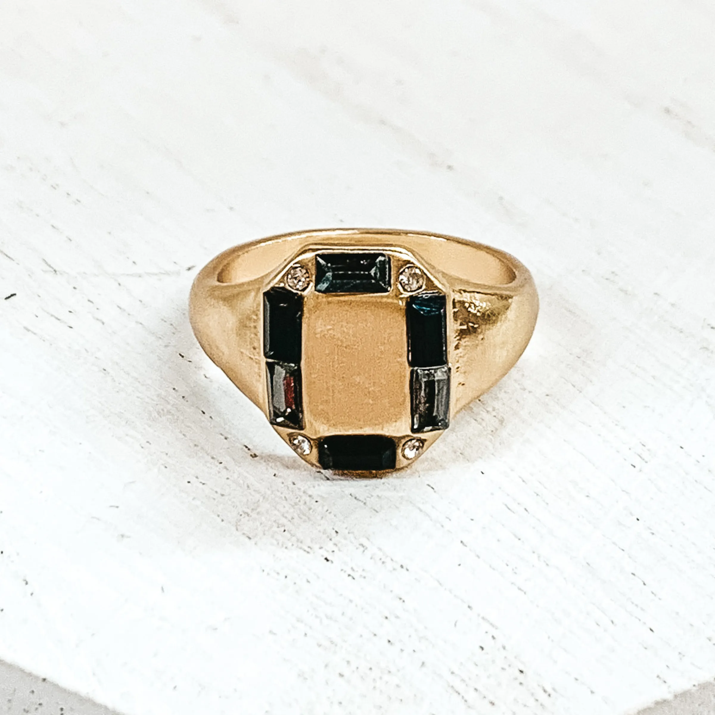 Gold Tone Rectangle Shaped Ring with Mix of Black Outline Crystals