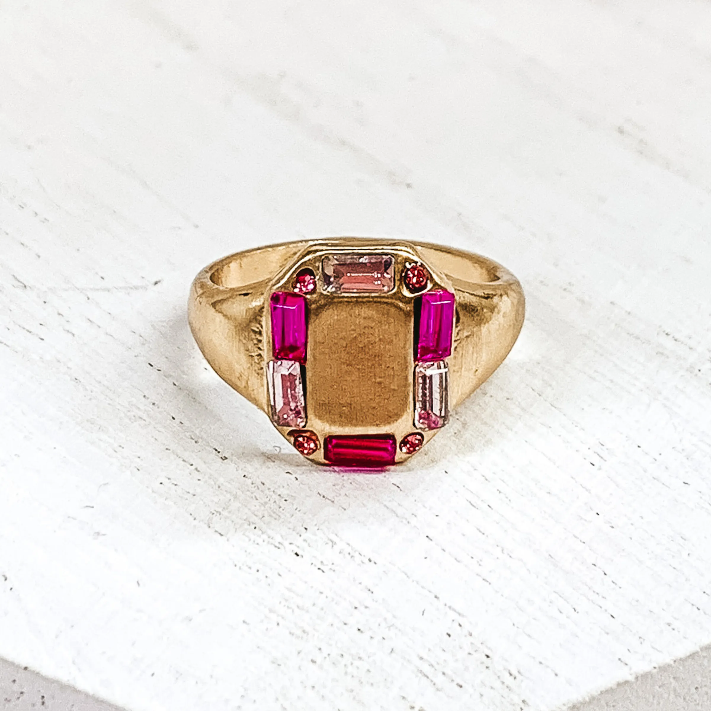 Gold Tone Rectangle Shaped Ring with Mix of Pink Outline Crystals