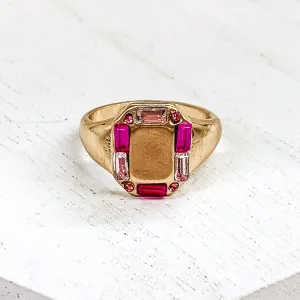 Gold Tone Rectangle Shaped Ring with Mix of Pink Outline Crystals