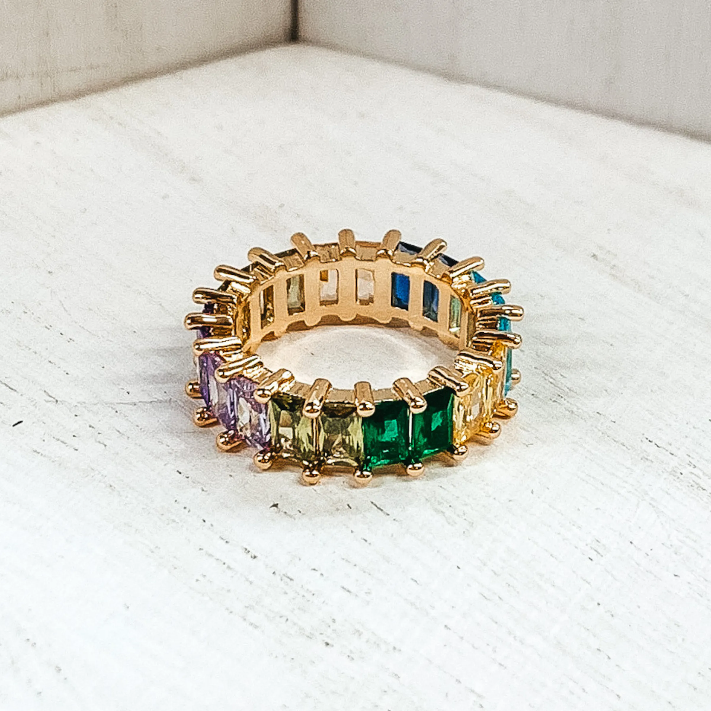 Gold Tone Ring with Baguette Crystals in Blue Multicolored