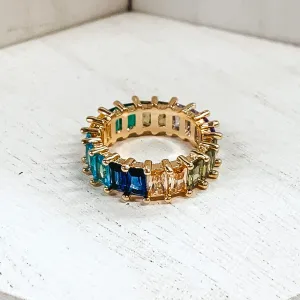 Gold Tone Ring with Baguette Crystals in Blue Multicolored