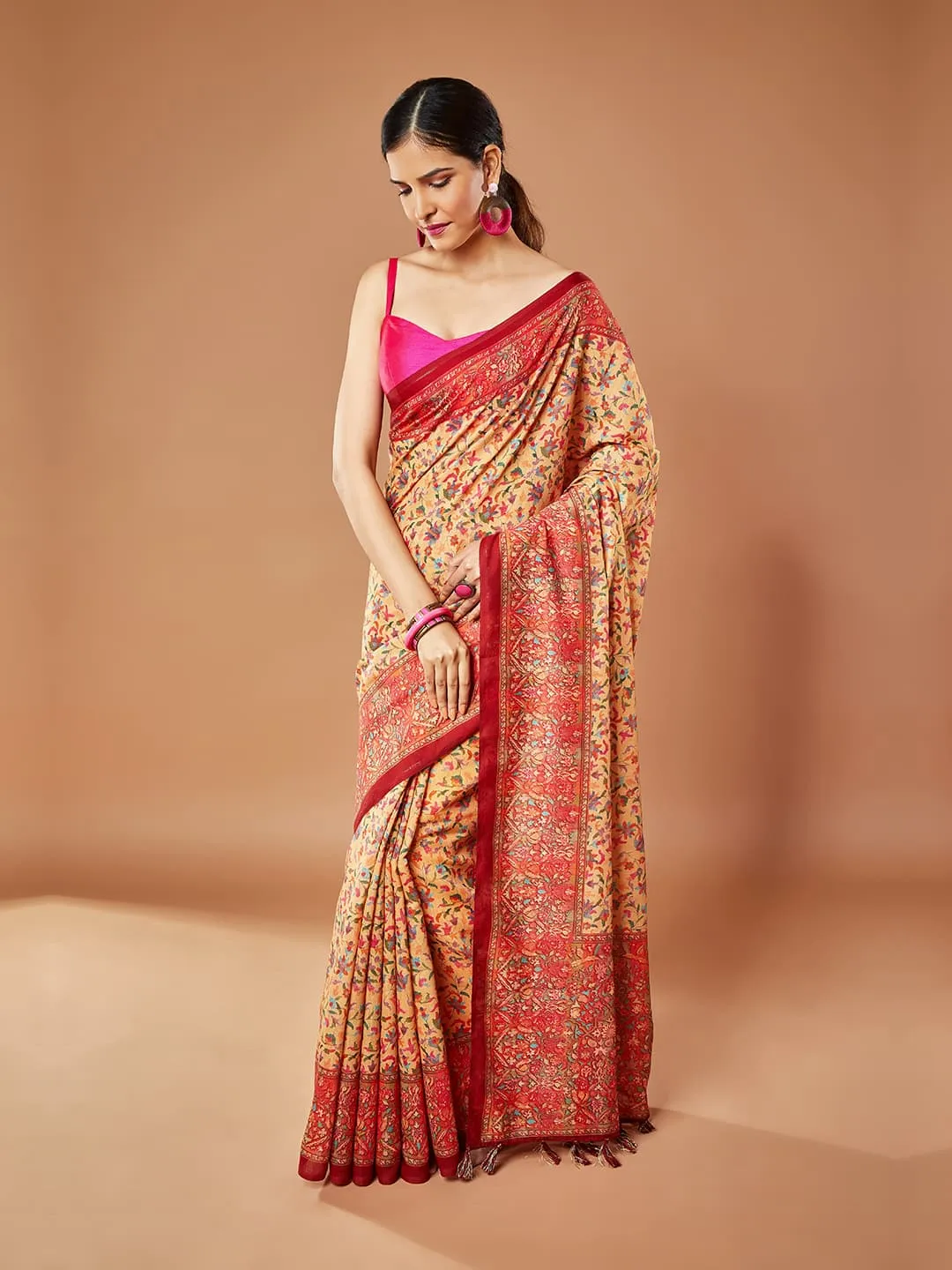 Gorgeous Brown Saree with Multi-Color Floral Print Pashmina Saree