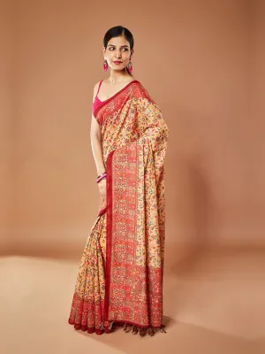 Gorgeous Brown Saree with Multi-Color Floral Print Pashmina Saree