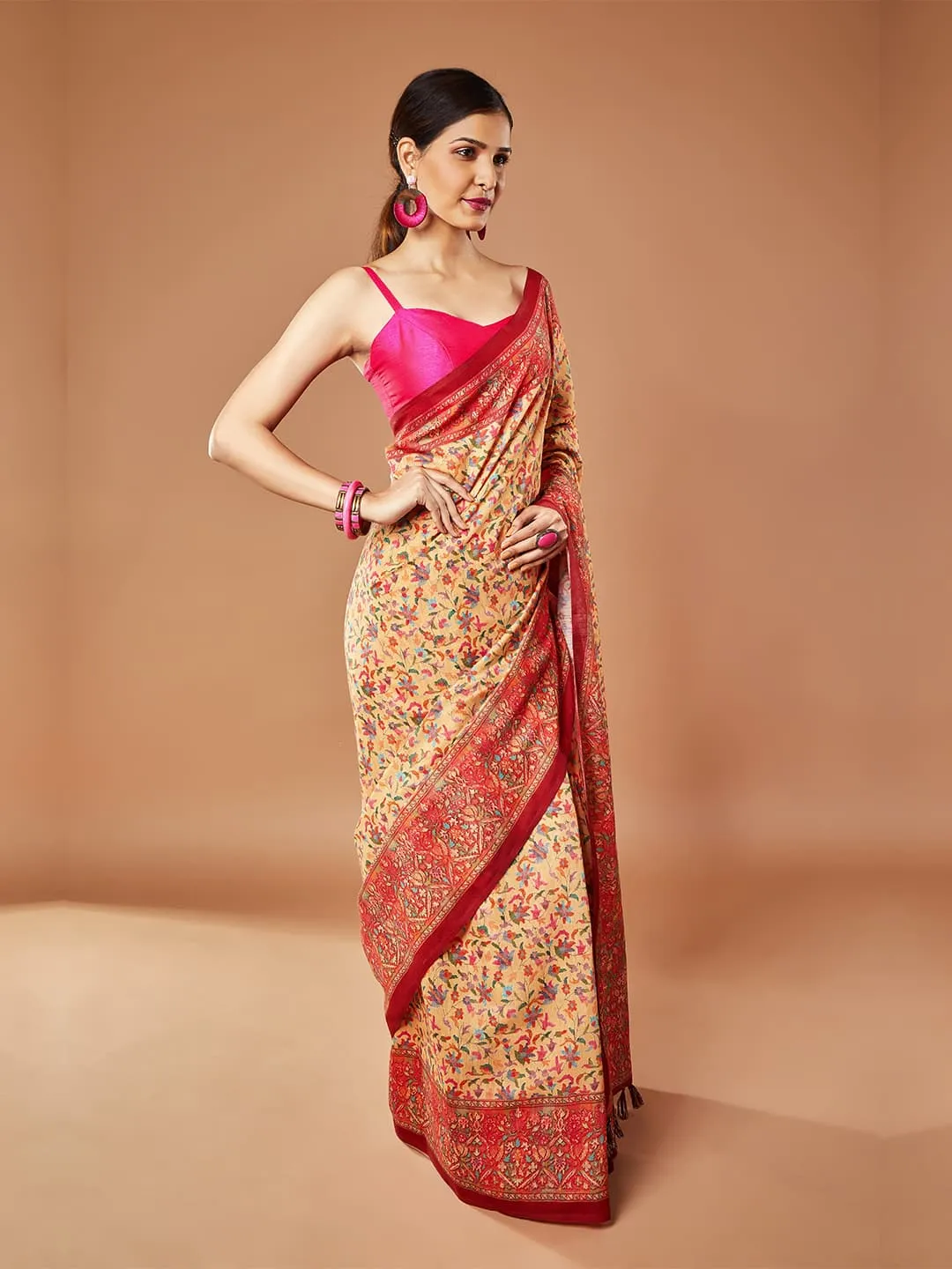 Gorgeous Brown Saree with Multi-Color Floral Print Pashmina Saree