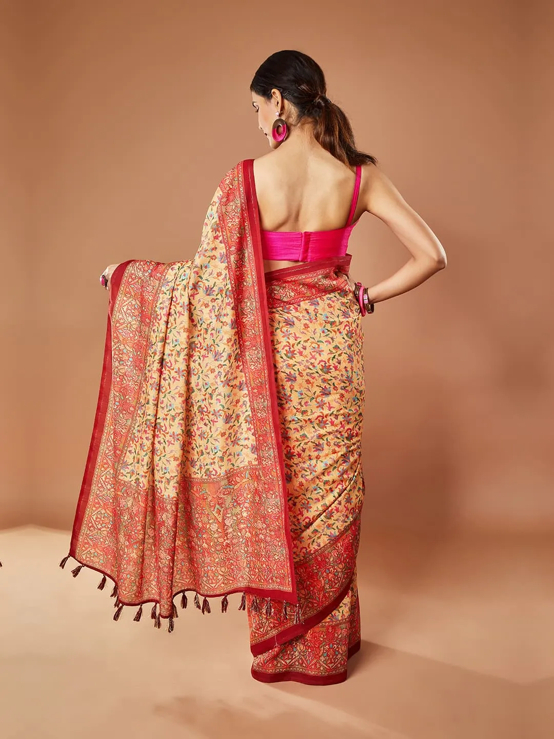 Gorgeous Brown Saree with Multi-Color Floral Print Pashmina Saree