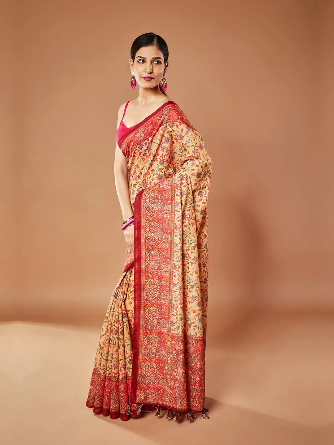 Gorgeous Brown Saree with Multi-Color Floral Print Pashmina Saree