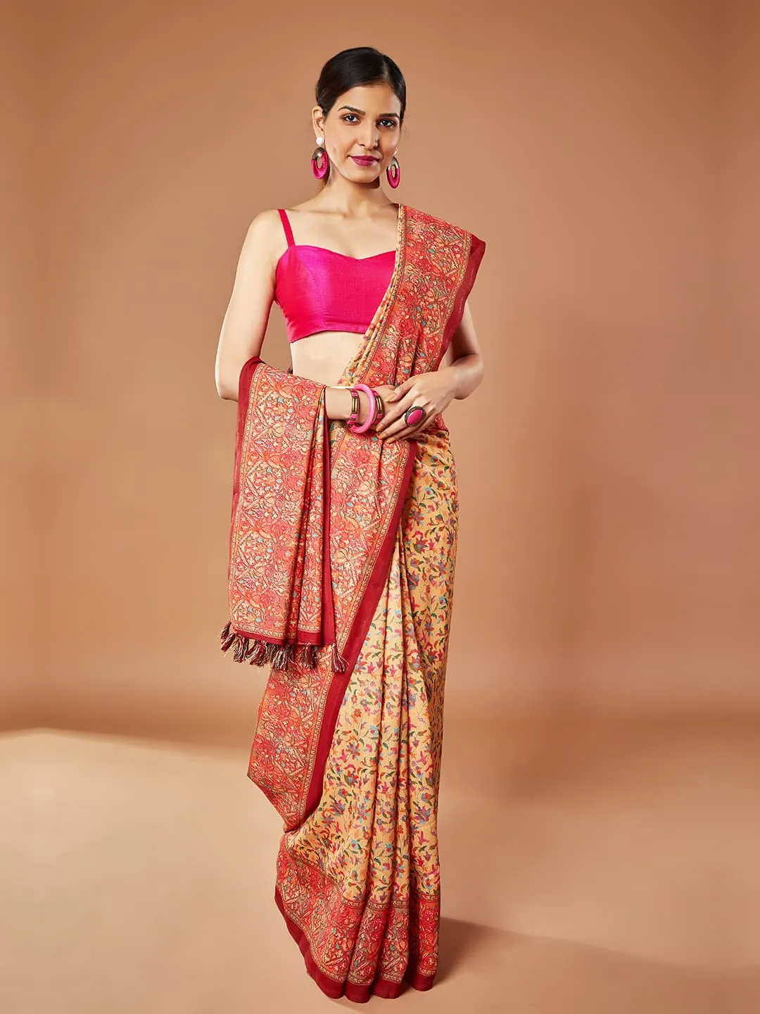 Gorgeous Brown Saree with Multi-Color Floral Print Pashmina Saree