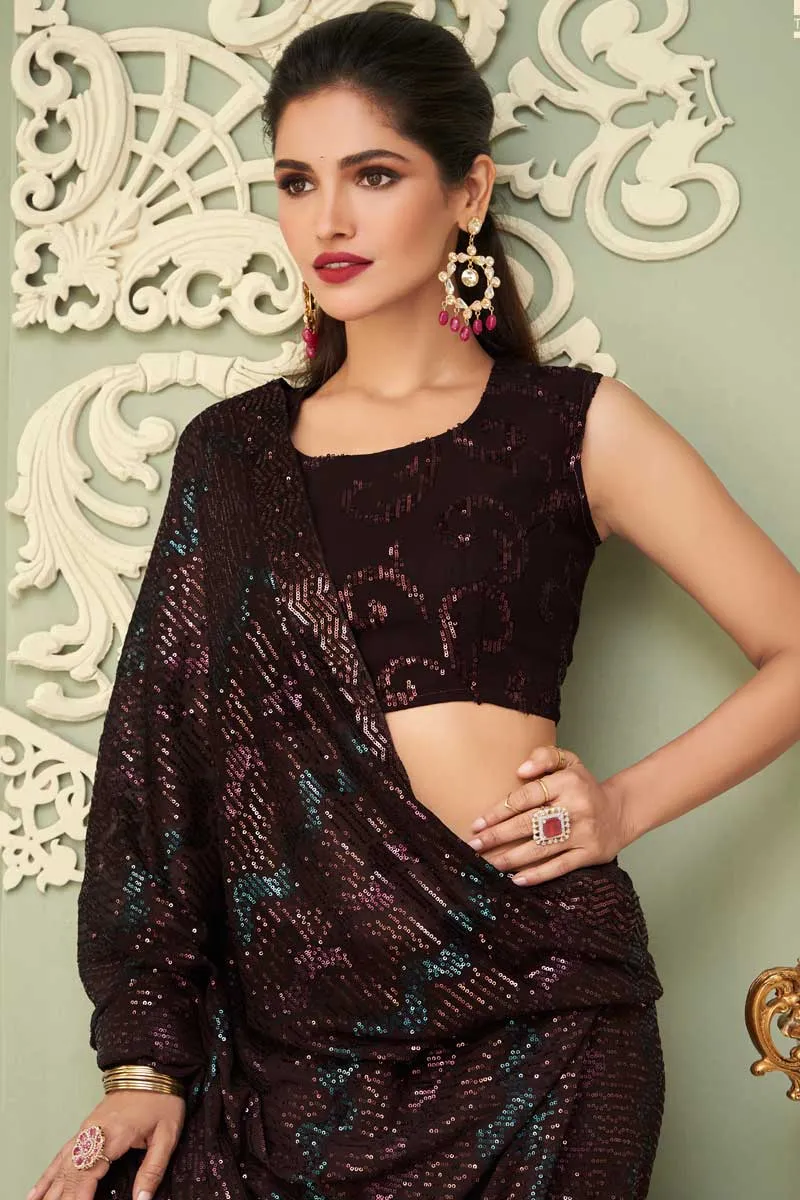 Gorgeous Georgette Fabric Vartika Sing Saree In Brown Color