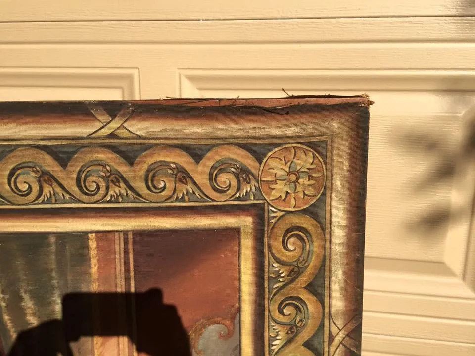 Hand Painted Antique French Tapestry on Large wooden frame