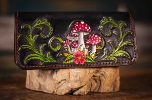Handcrafted Leather Ladies Wallet - Dark Forest Botanical Design with Fern and Amanita Mushrooms
