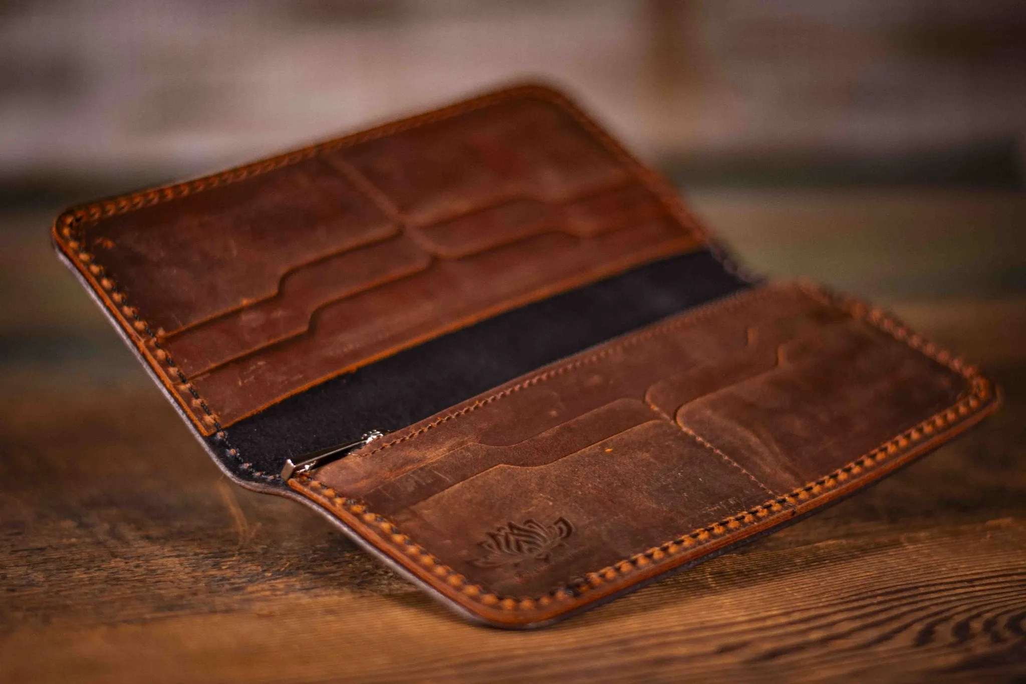 Handcrafted Leather Ladies Wallet - Dark Forest Botanical Design with Fern and Amanita Mushrooms