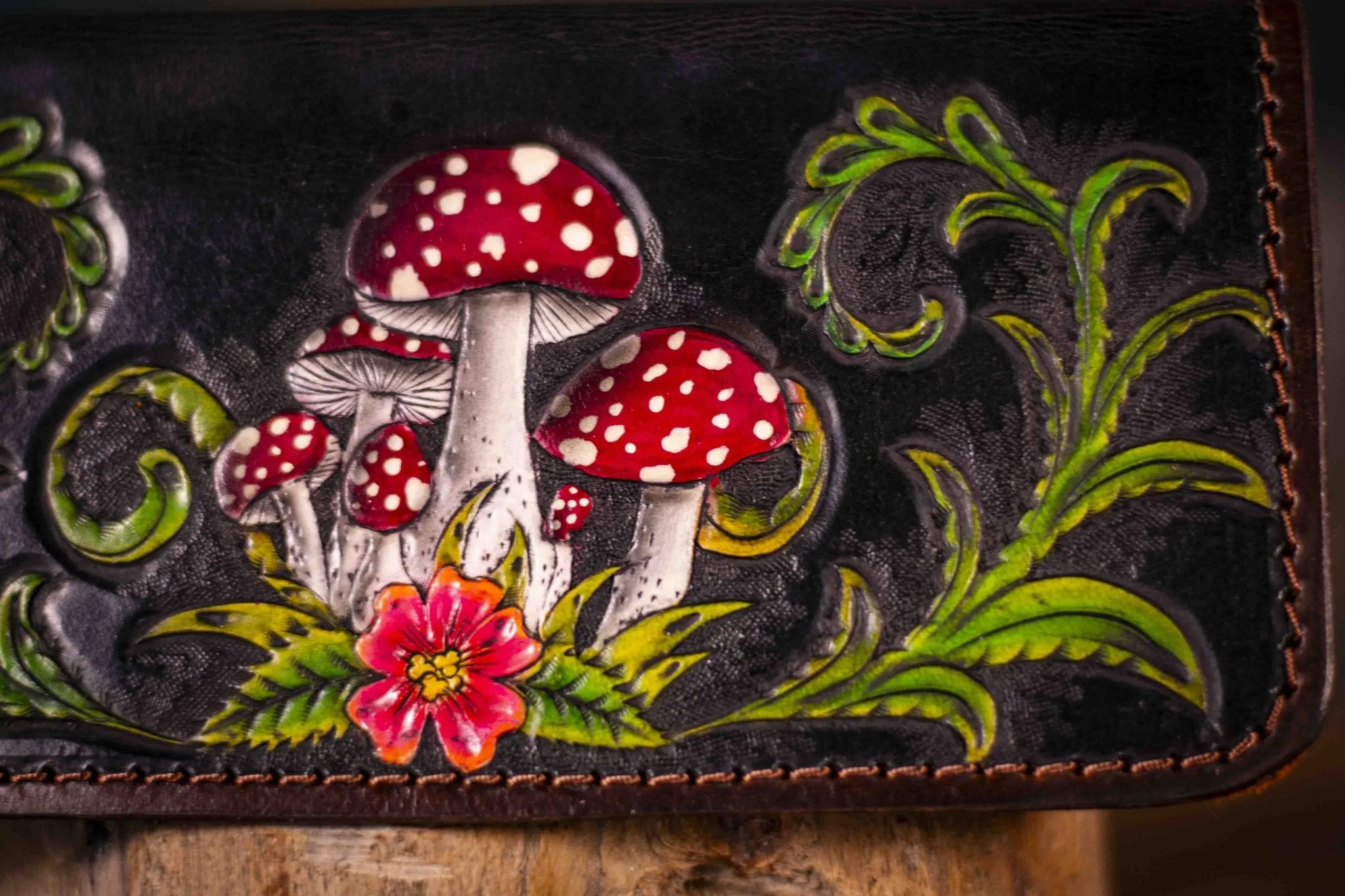 Handcrafted Leather Ladies Wallet - Dark Forest Botanical Design with Fern and Amanita Mushrooms
