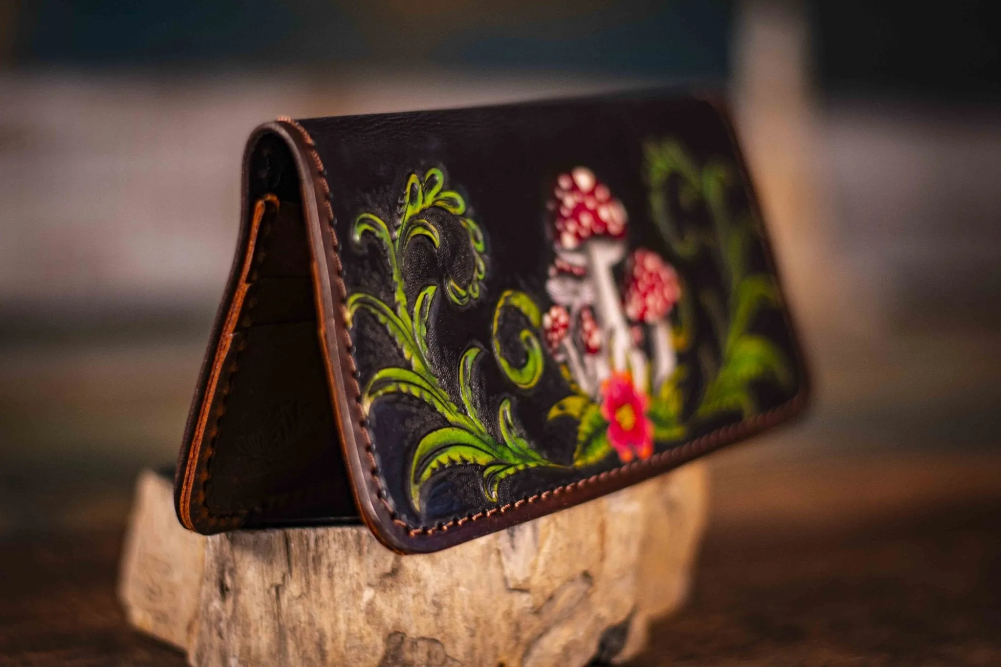 Handcrafted Leather Ladies Wallet - Dark Forest Botanical Design with Fern and Amanita Mushrooms