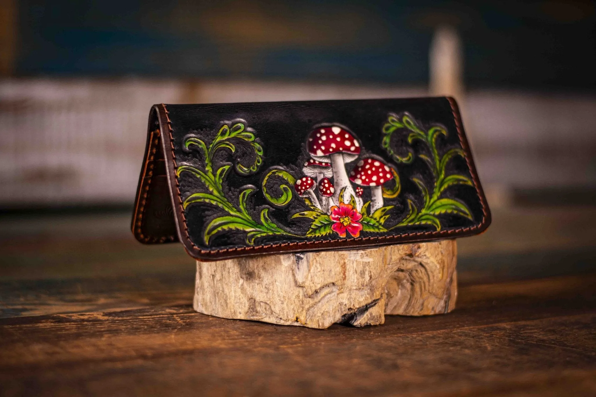 Handcrafted Leather Ladies Wallet - Dark Forest Botanical Design with Fern and Amanita Mushrooms