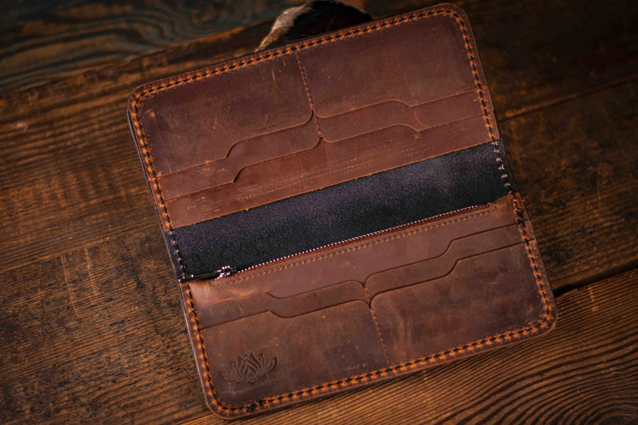 Handcrafted Leather Ladies Wallet - Dark Forest Botanical Design with Fern and Amanita Mushrooms
