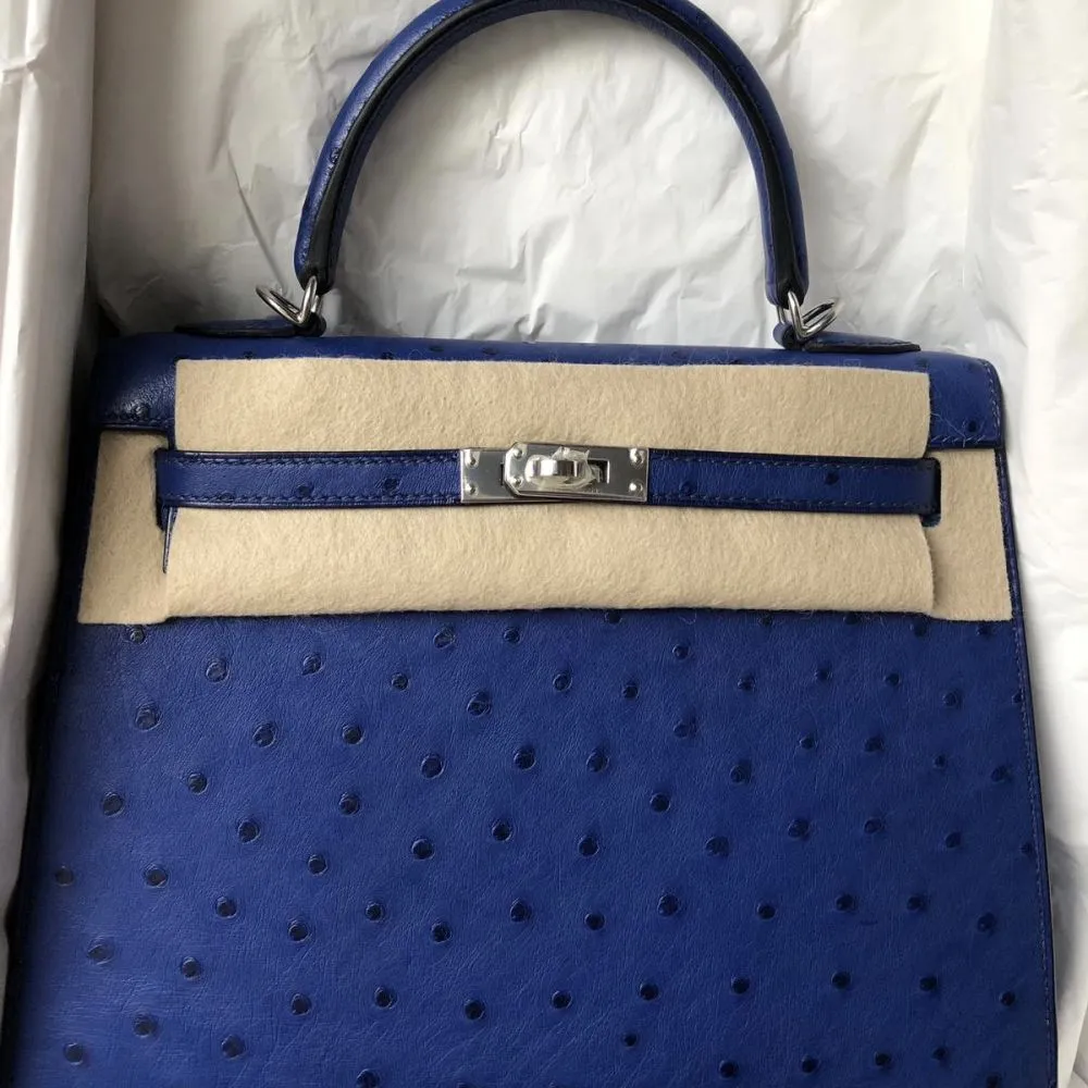 Hermès Kelly 25 Bleu Saphir Sellier Ostrich Palladium Hardware PHW