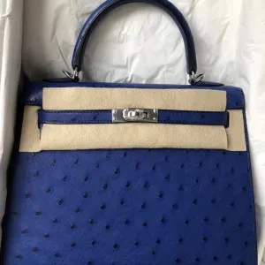 Hermès Kelly 25 Bleu Saphir Sellier Ostrich Palladium Hardware PHW