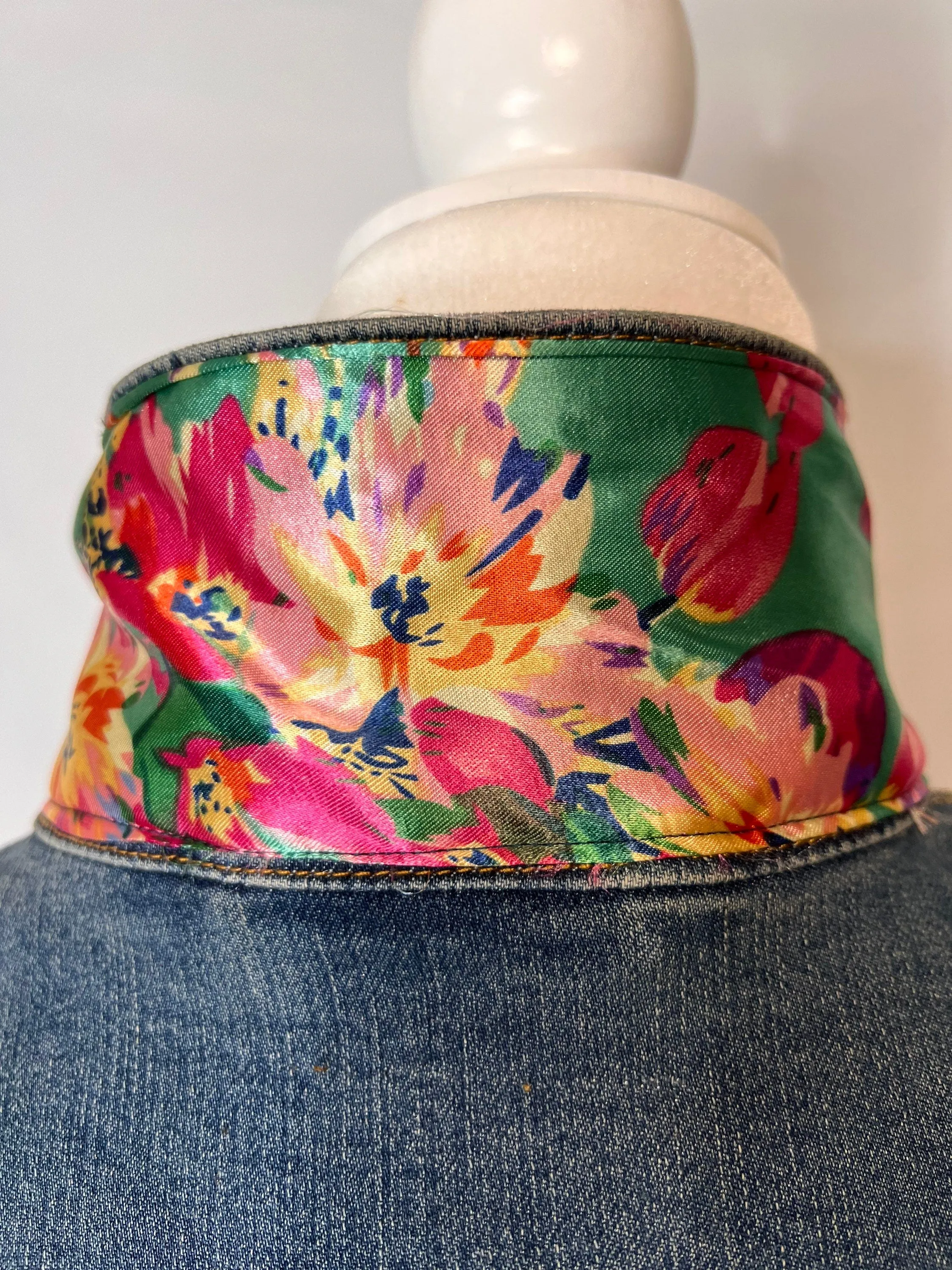 Hot Pink Floral Denim Jacket Silk Scarf Designer Scarf Jean Jacket