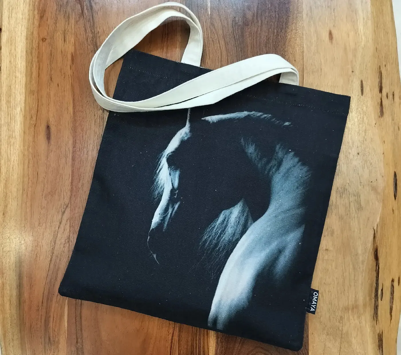 House of Omaya Black Horse Print Cotton Canvas Tote Bag 34×36 Cms
