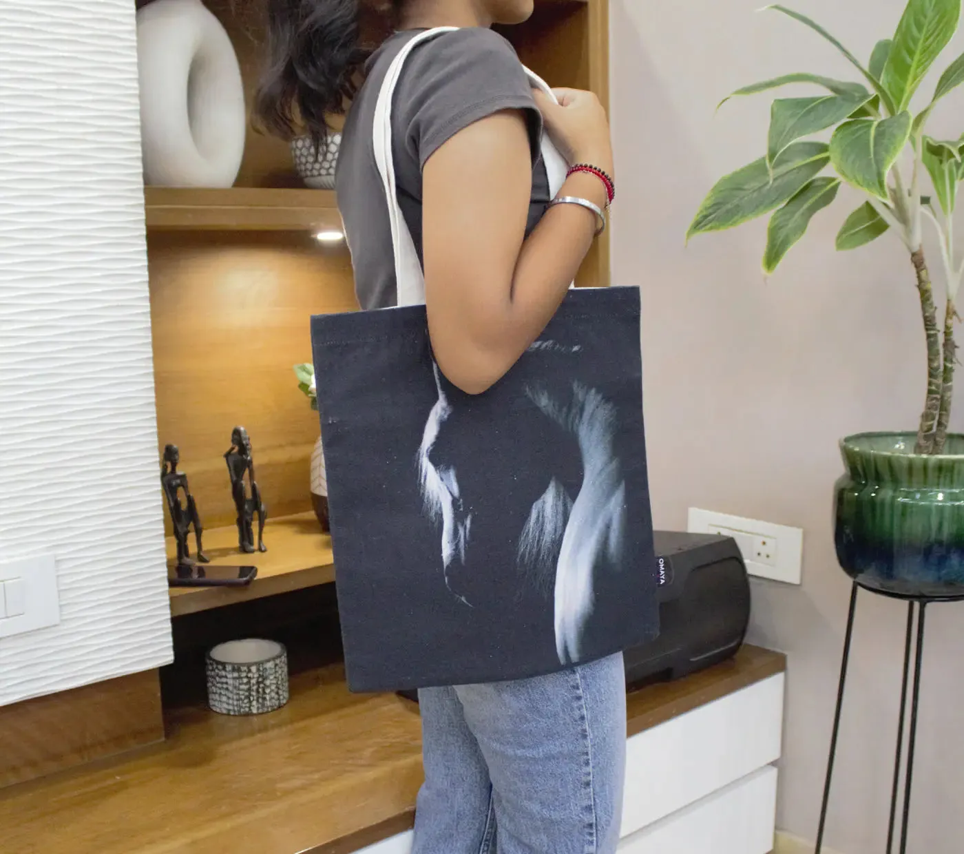 House of Omaya Black Horse Print Cotton Canvas Tote Bag 34×36 Cms