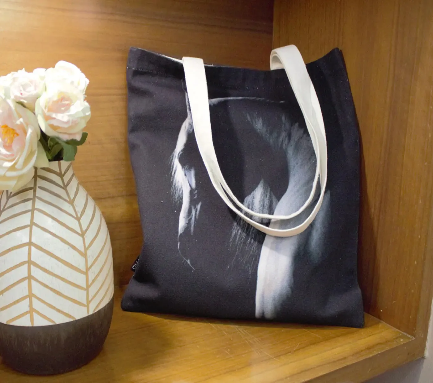 House of Omaya Black Horse Print Cotton Canvas Tote Bag 34×36 Cms