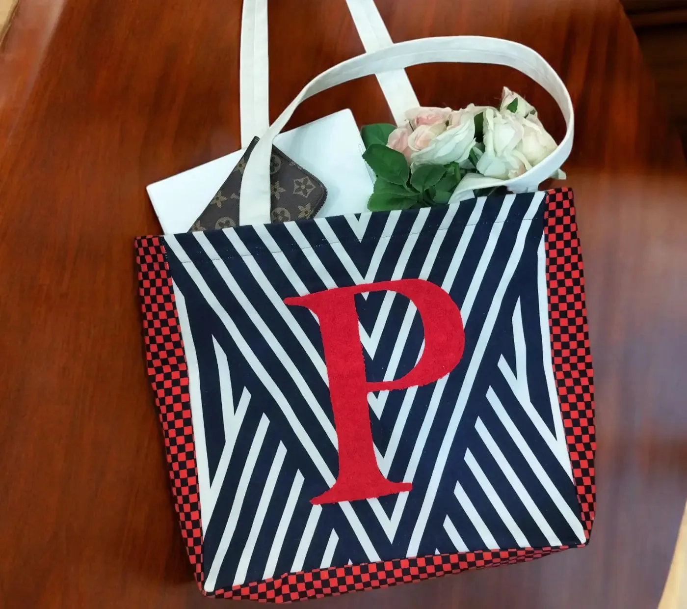 House of Omaya Printed Customizable Embroidery Name Initial Canvas Tote bag 34x36 cm. Personalized tote bag Name Initial tote bag