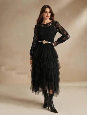 Isabella Lace Trim Hollow Out Round Neck Elegant Vacation Long Sleeve Blouse