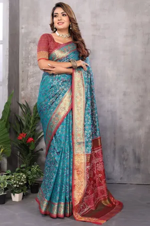 Jacquard Fabric Cyan Color Gorgeous Weaving Patola Saree