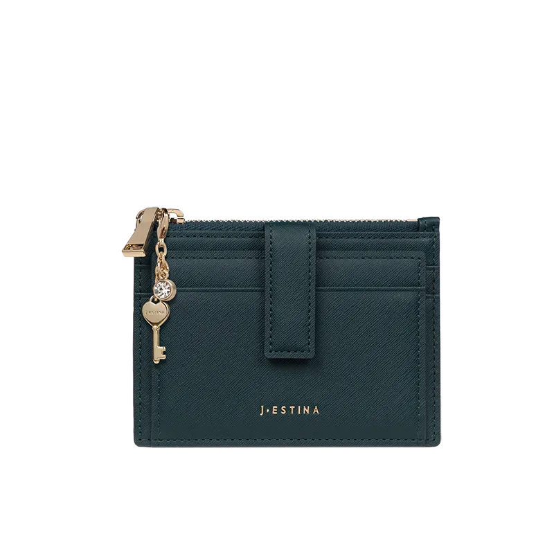 J.ESTINA LUCY Top Zipper Card ID Wallet Green Cowhide Detachable Heart Key Charm Decoration Credit Card Check Card Business Card Holder Case / from Seoul, Korea