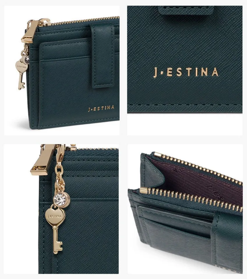 J.ESTINA LUCY Top Zipper Card ID Wallet Green Cowhide Detachable Heart Key Charm Decoration Credit Card Check Card Business Card Holder Case / from Seoul, Korea