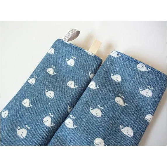 Jinglebib Drool Pad - White Whales on Denim Print