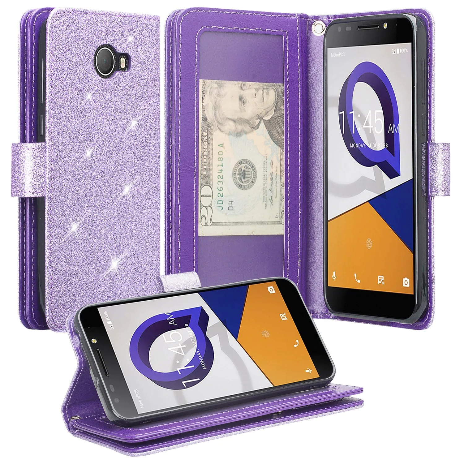 Jitterbug Smart 2 Case, Magnetic Flip Fold Kickstand Glitter Bling Leather Wallet Cover with ID & Credit Card Slots - Purple