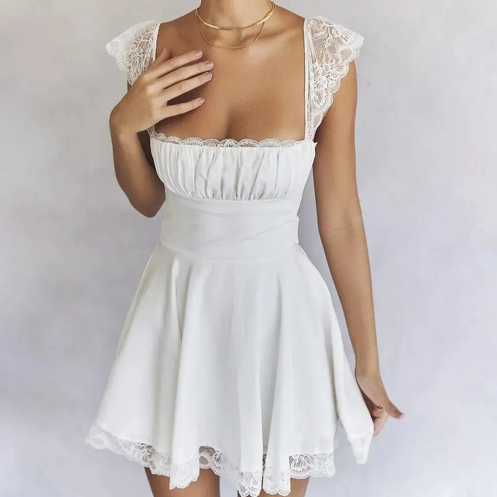 Lace Trim Dress Square Neck