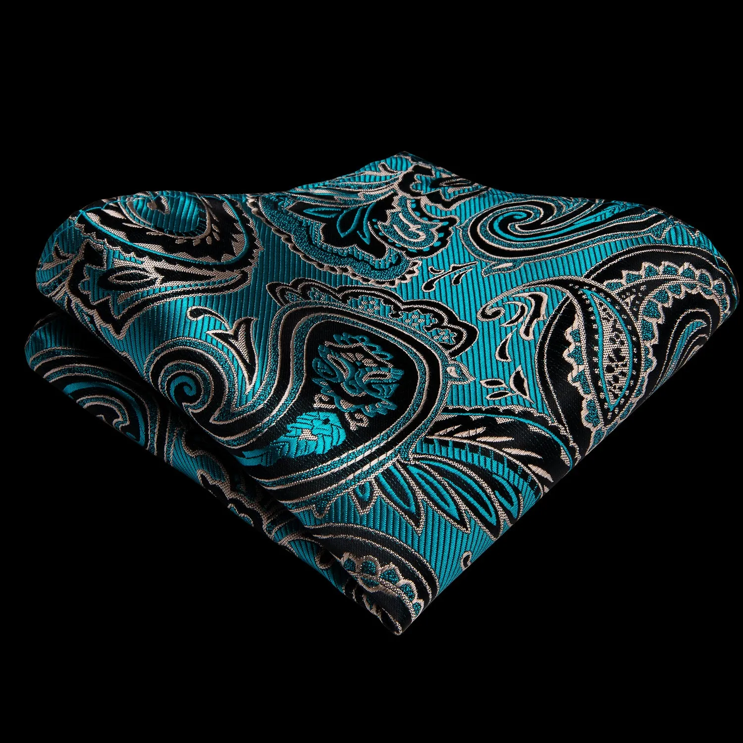 Lake Blue Black Paisley Tie Pocket Square Cufflinks Set with Spacious Ring