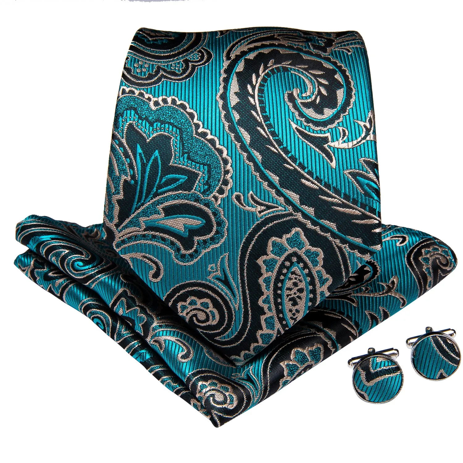 Lake Blue Black Paisley Tie Pocket Square Cufflinks Set with Spacious Ring