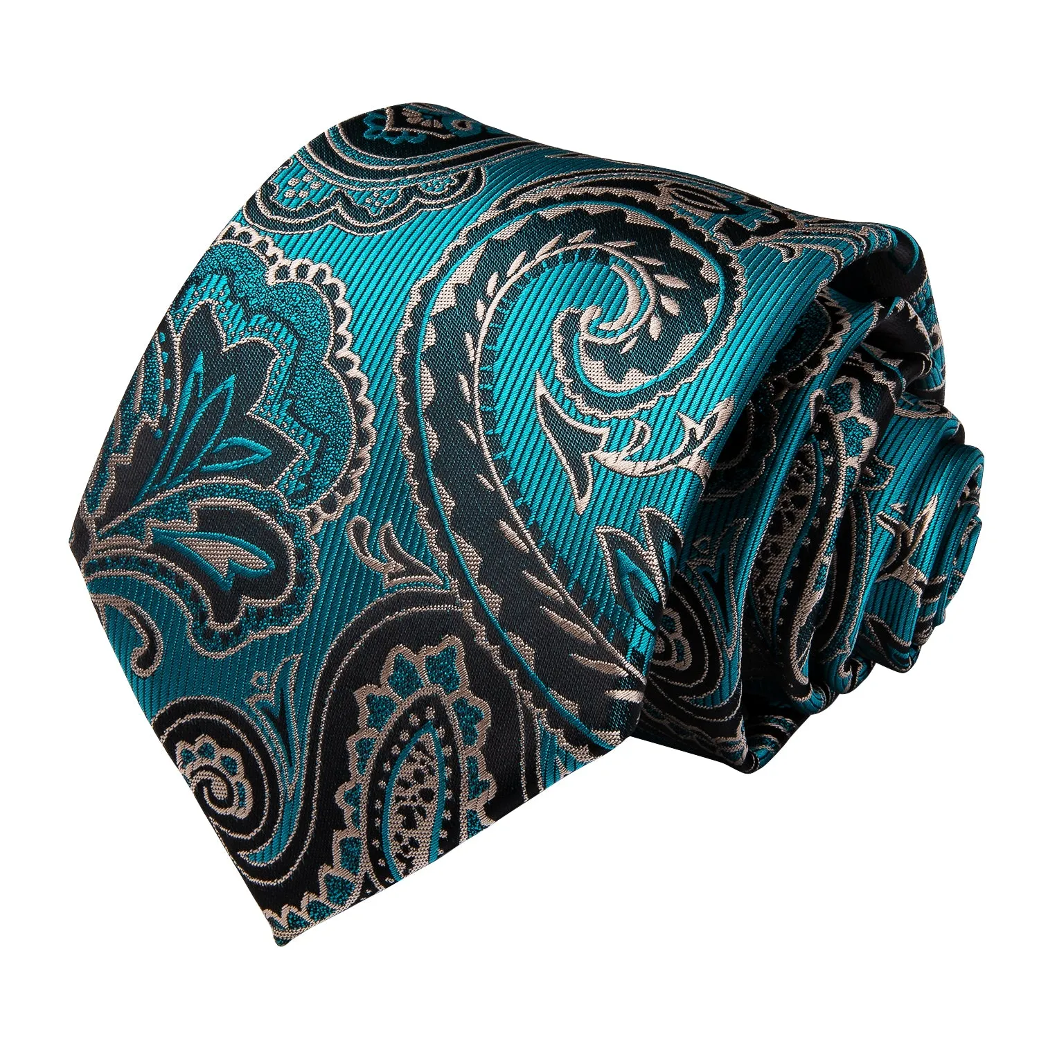 Lake Blue Black Paisley Tie Pocket Square Cufflinks Set with Spacious Ring