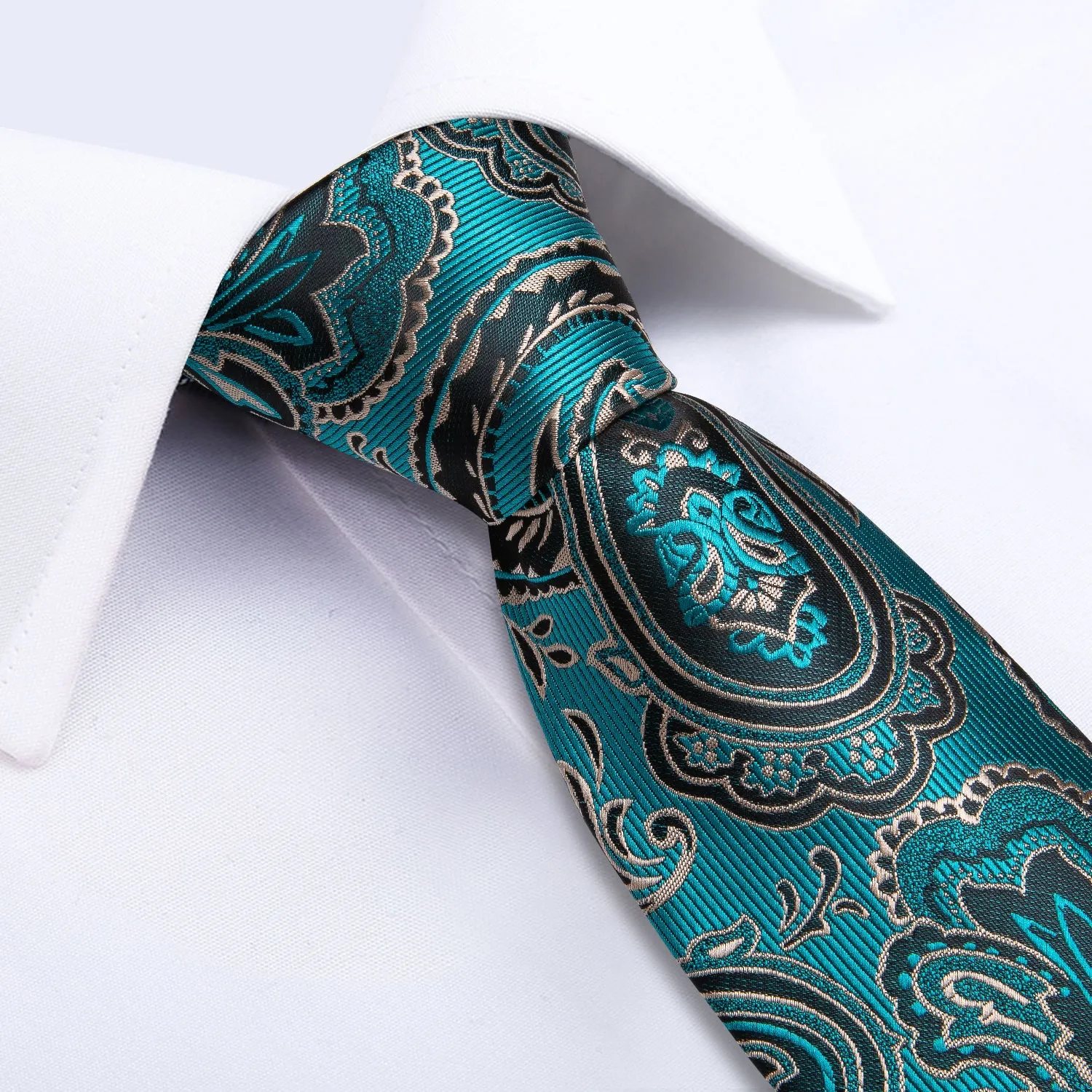 Lake Blue Black Paisley Tie Pocket Square Cufflinks Set with Spacious Ring