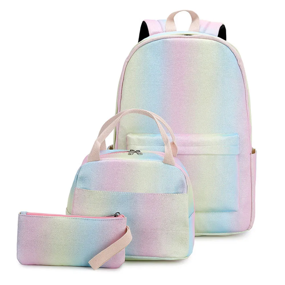 Large Capacity Rainbow School Backpack for Girls Chic 3 Pieces Waterproof Bookbag with Lunch Box Top Level