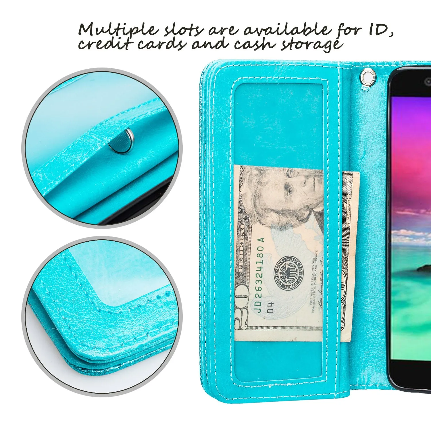 LG K10 (2018) Case, K30, Premier Pro, K10 Plus, Phoenix Plus, Xpression Plus, K10α, X4 Plus, X410, MS245, Wrist Strap Glitter Leather Flip Kickstand Protective Wallet Cover Clutch - Teal