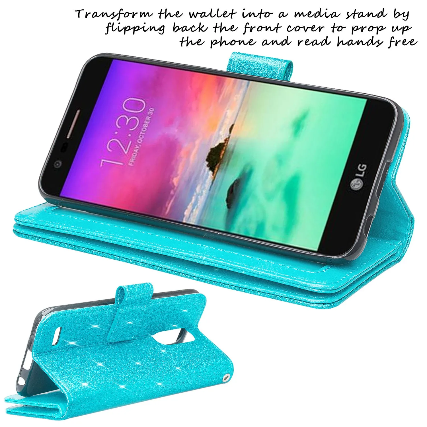 LG K10 (2018) Case, K30, Premier Pro, K10 Plus, Phoenix Plus, Xpression Plus, K10α, X4 Plus, X410, MS245, Wrist Strap Glitter Leather Flip Kickstand Protective Wallet Cover Clutch - Teal