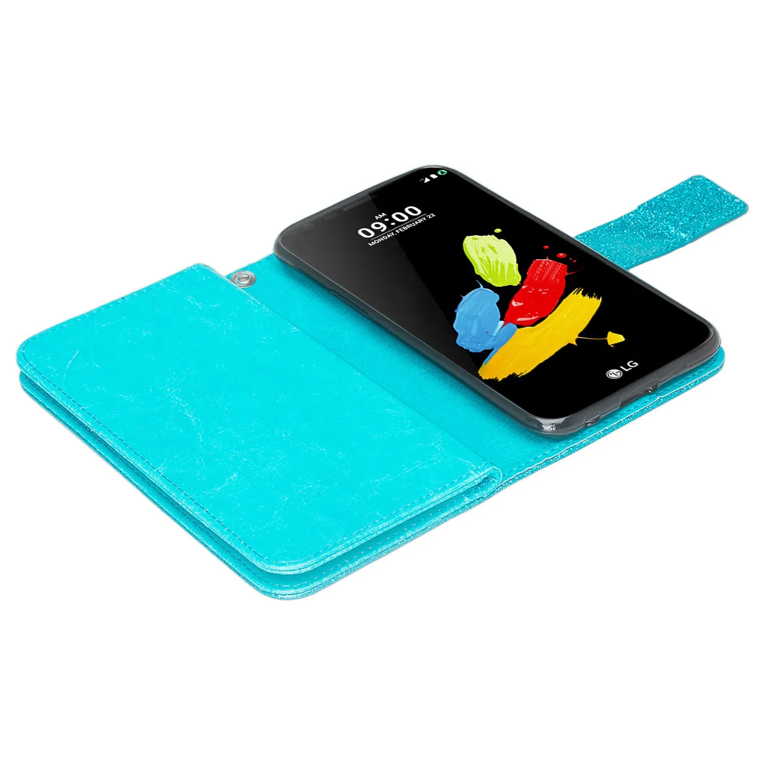 LG K10 (2018) Case, K30, Premier Pro, K10 Plus, Phoenix Plus, Xpression Plus, K10α, X4 Plus, X410, MS245, Wrist Strap Glitter Leather Flip Kickstand Protective Wallet Cover Clutch - Teal